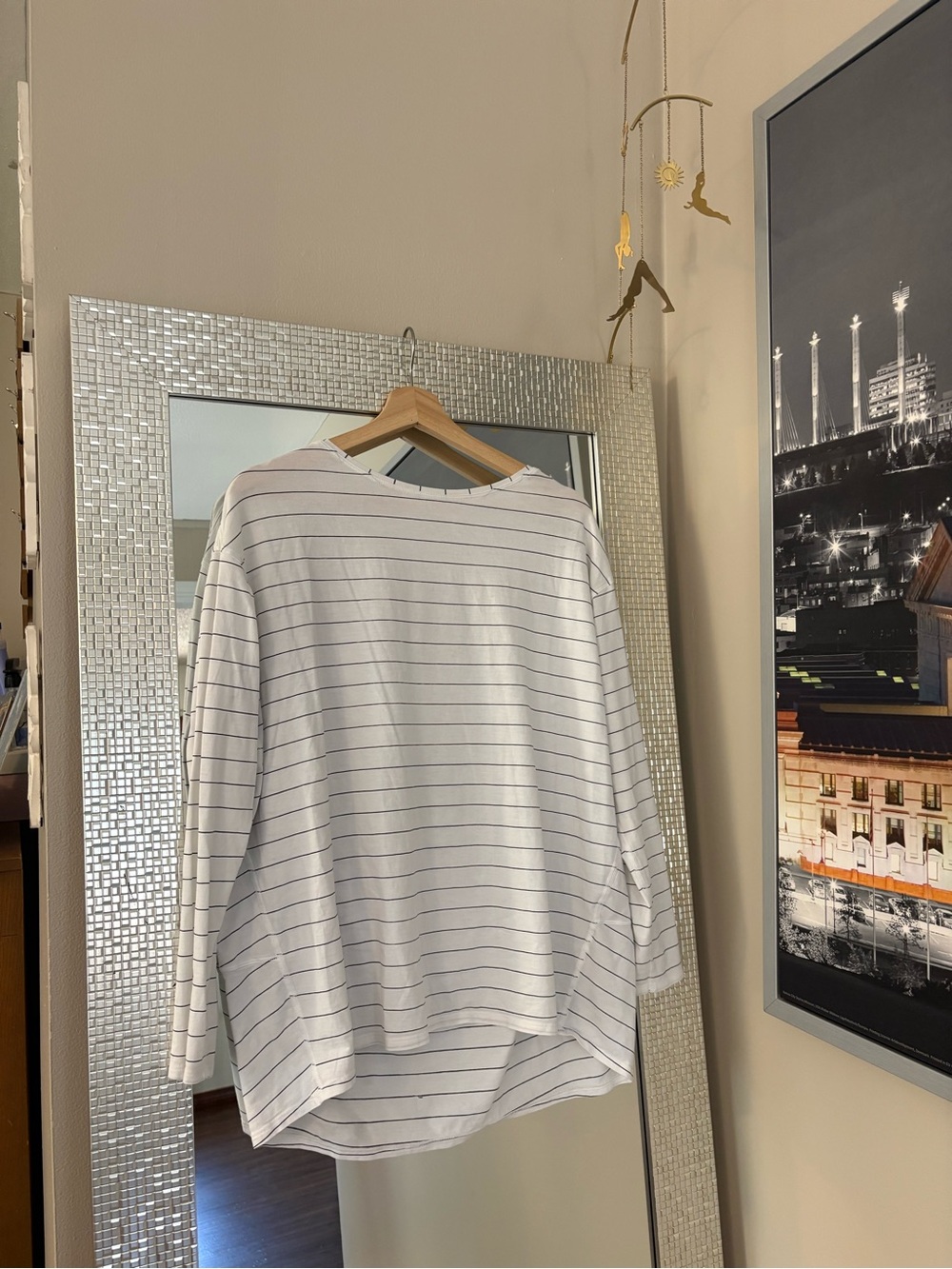 Lululemon Striped Long-Sleeve Crewneck Shirt in White with Navy Pinstripes